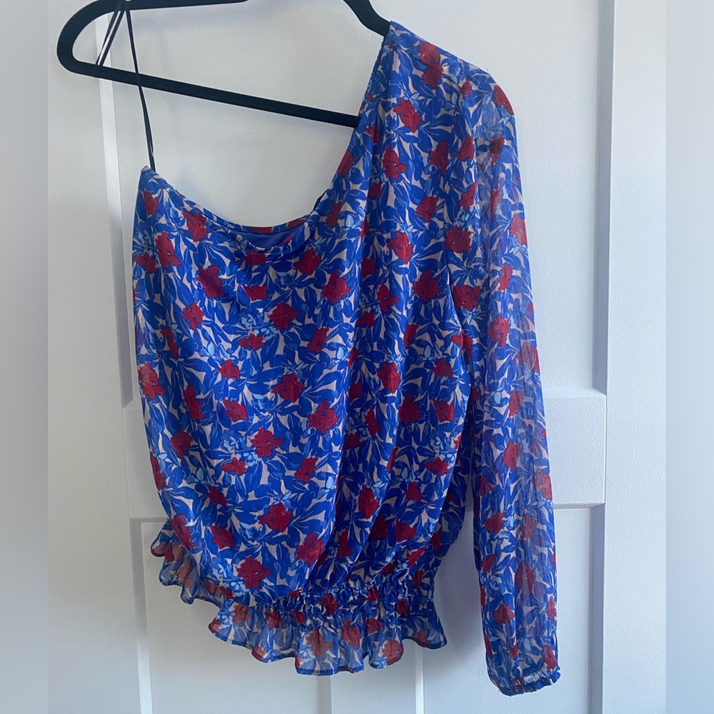 Lucky Brand Blue and Red Asymmetrical Ruffled Blouse
